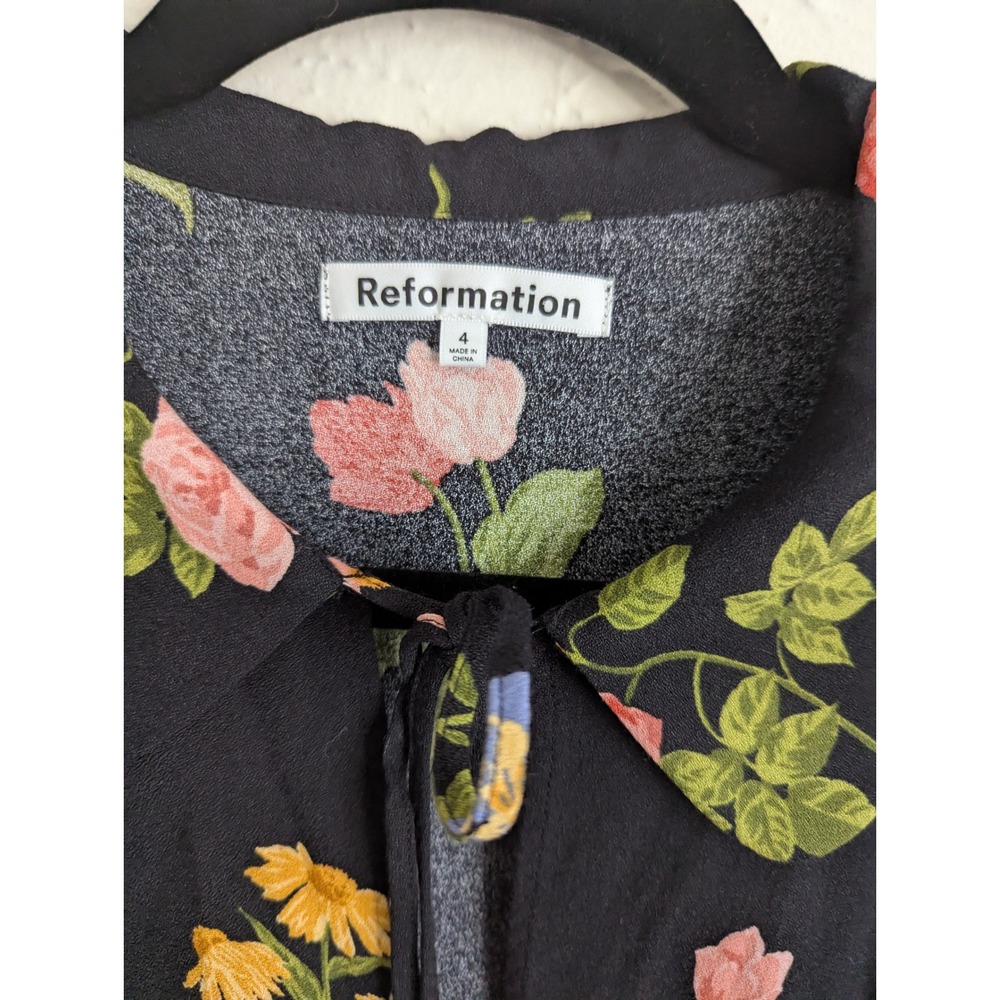 Reformation Will mini dress size 4 black floral‎ long sleeve keyhole - Picture 7 of 8